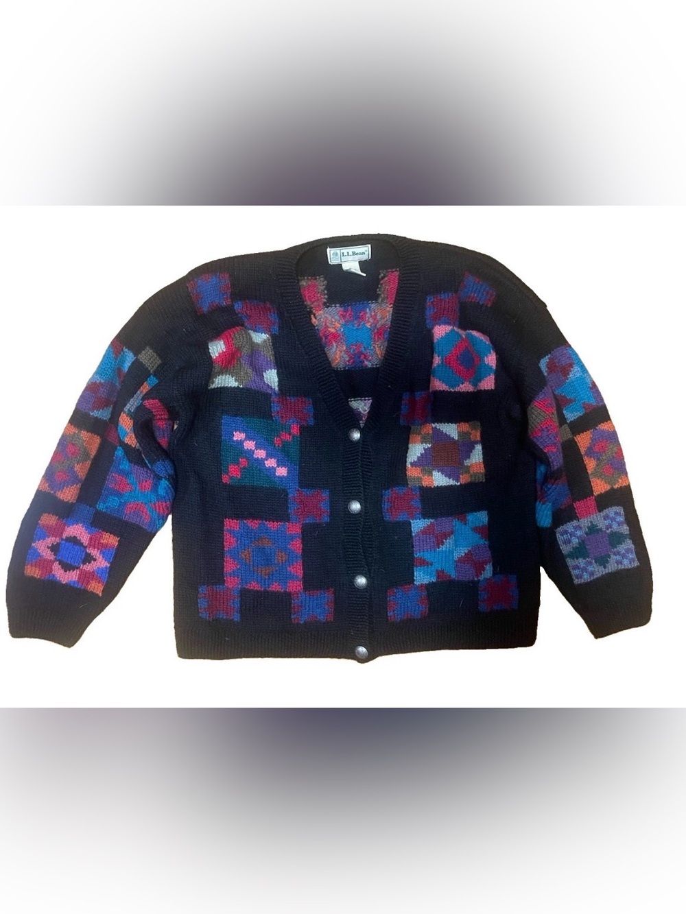 L.L. Bean Black Cardigan with Multicolor Geometric Patchwork